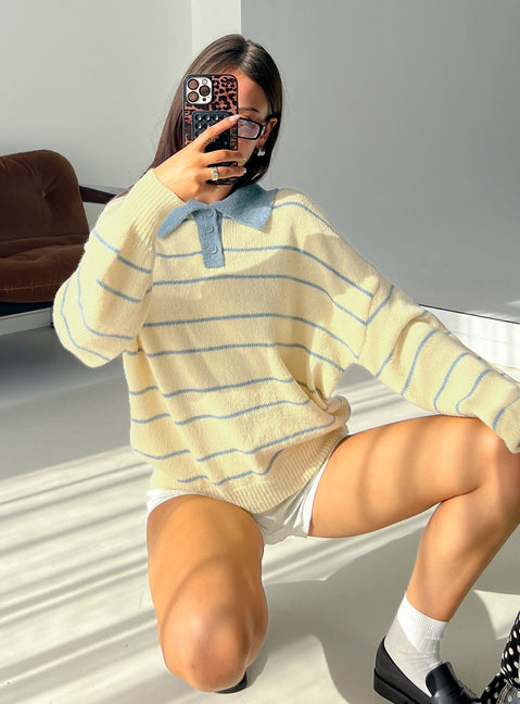 back view of model wearing Princess Polly Minda Collared Knit Sweater Yellow Stripe 