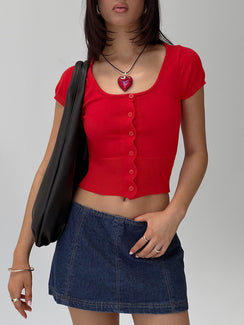 front view of model wearing Princess Polly Pretty Sweet Button Up Top Red Short Sleeves Scoop Neck 