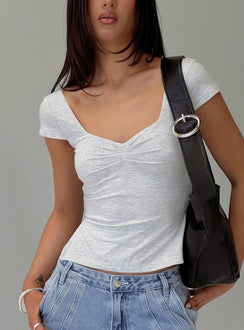 back view of model wearing Princess Polly Rehna Short Sleeve Top Grey Marle Short Sleeves Sweetheart 