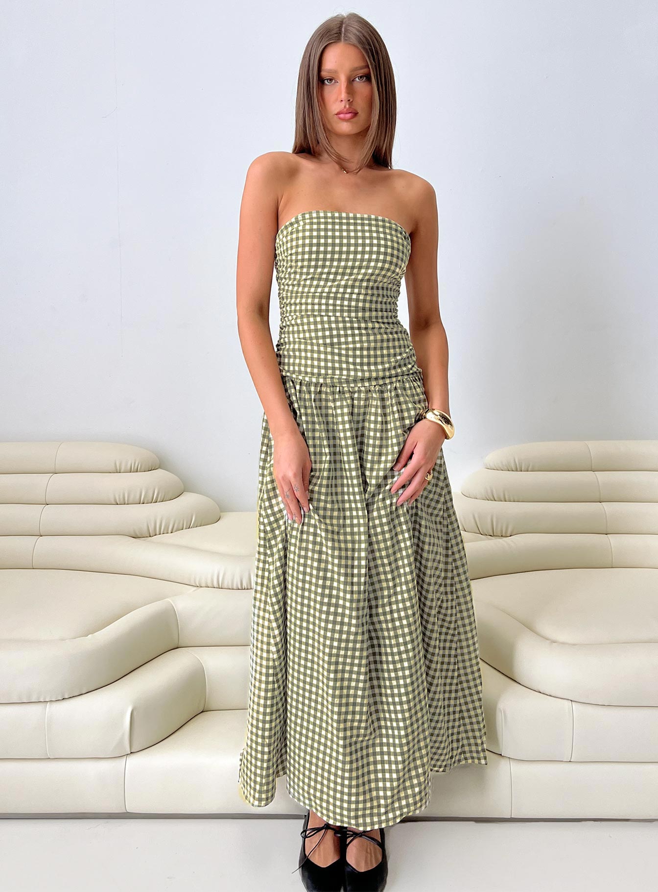 Frankey Strapless Drop Waist Maxi Dress Green Check | Princess Polly