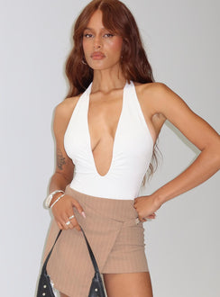 front view of model wearing Princess Polly Emmalyne Plunge Neck Bodysuit White Sleeveless 