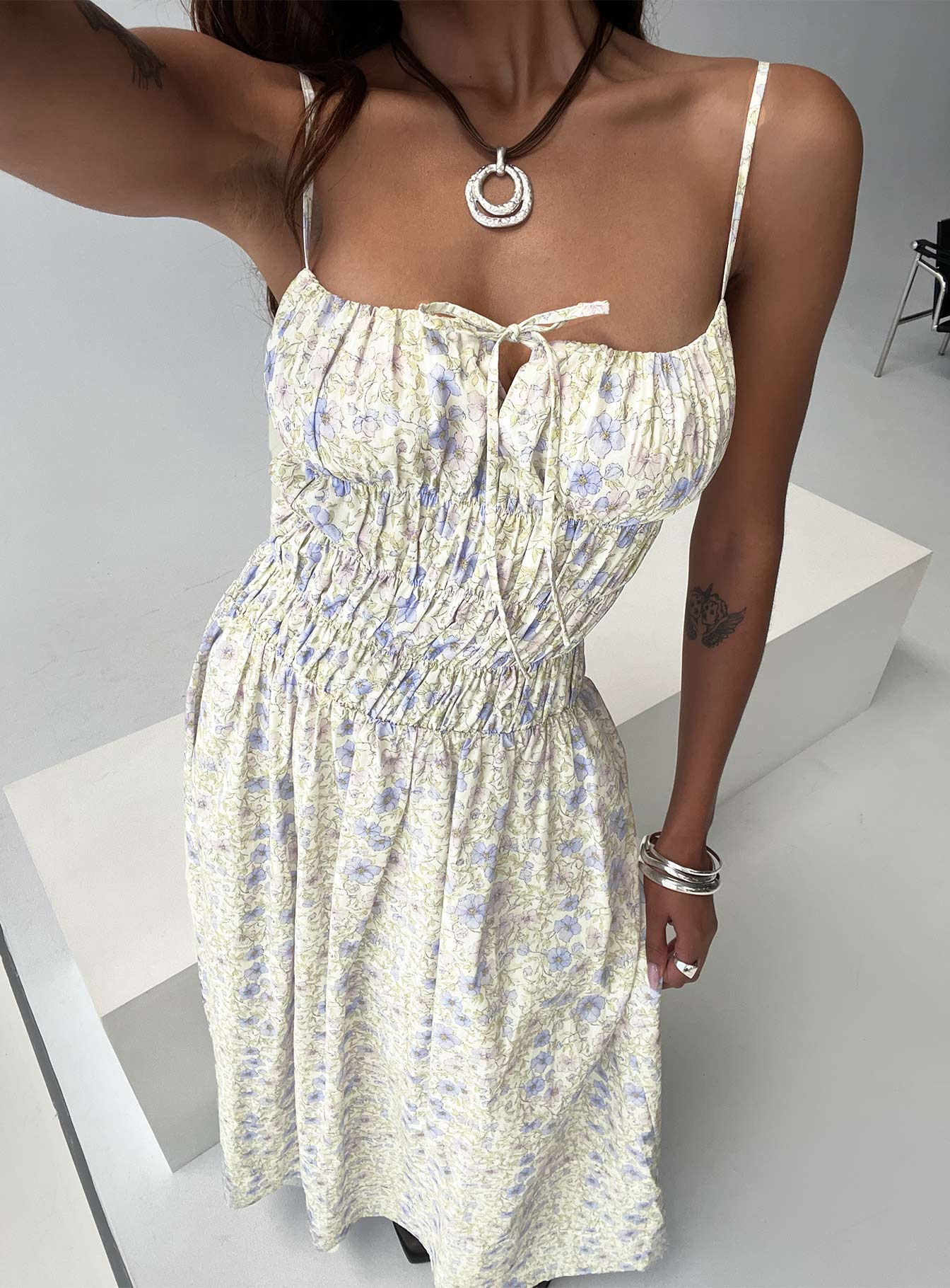 front view of model wearing Princess Polly Loralei Shirred Maxi Dress Floral Square Neck 