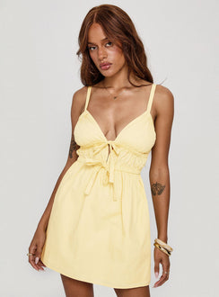 front view of model wearing Princess Polly Viviette Ruched Mini Dress Lemon Plunger 