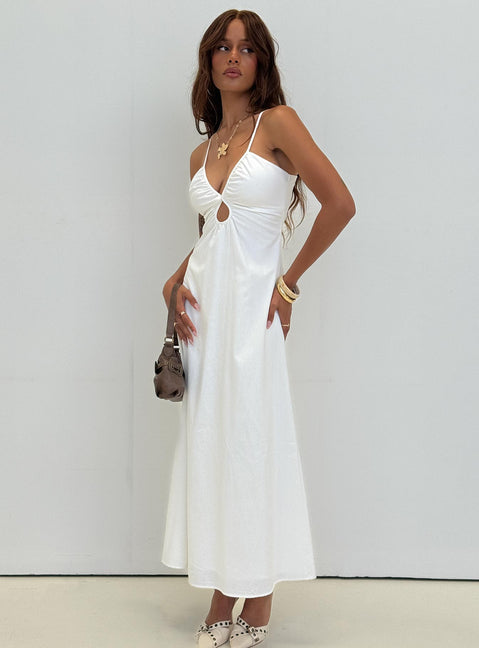 side view of model wearing Princess Polly Harkonnen Maxi Dress White Plunger 