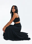 Matching set Crop top Ruched design Adjustable shoulder straps Maxi skirt Elasticated waistband Tiered skirt