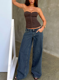 Showcasing Picco Ultra Low Rise Wide Leg Jeans in womens-jeans with dark blue wash front view of model wearing Princess Polly