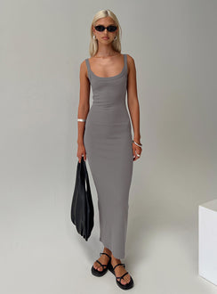 side view of model wearing Princess Polly Montwood Maxi Dress Charcoal Scoop Neck 