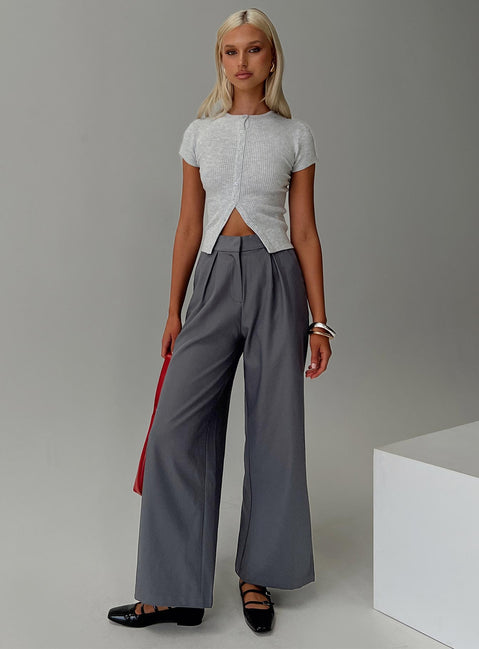 front view of model wearing Princess Polly Relaxed Pants Charcoal High Waisted Pants 