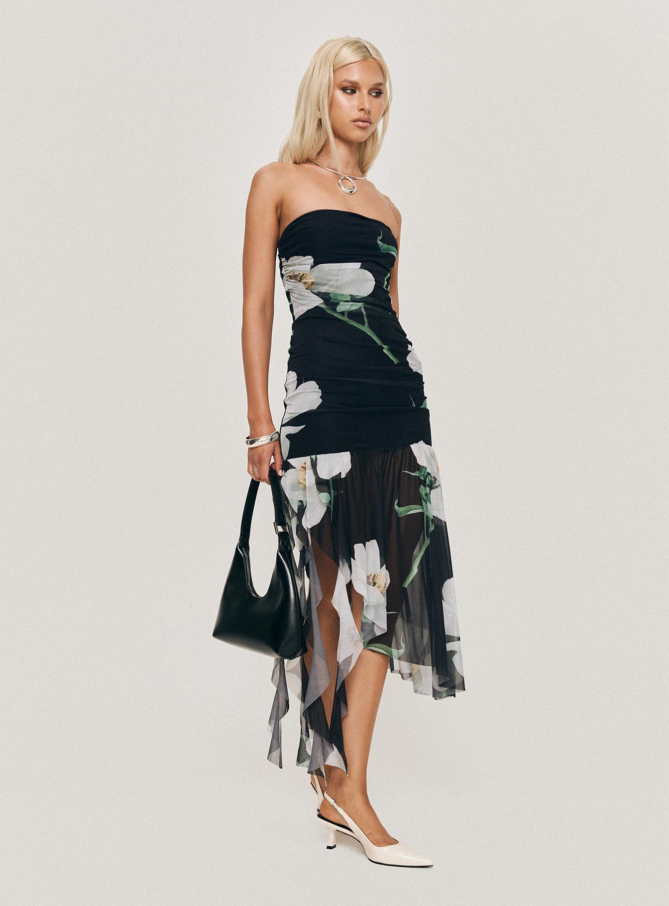 back view of model wearing Princess Polly Nektaria Strapless Midi Dress Multi Straight Neck 