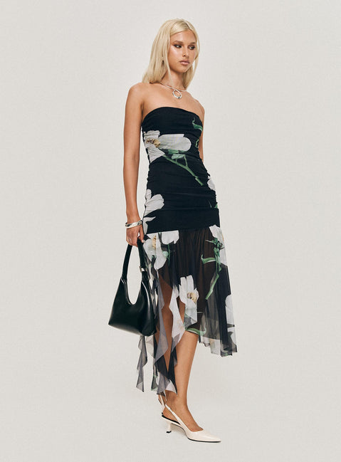 back view of model wearing Princess Polly Nektaria Strapless Midi Dress Multi Straight Neck 