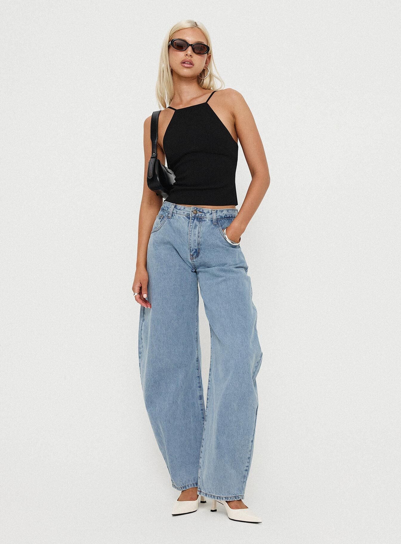 front view of model wearing Princess Polly Horseshoe Jeans Washed Blue High Waisted 