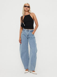 front view of model wearing Princess Polly Horseshoe Jeans Washed Blue High Waisted 