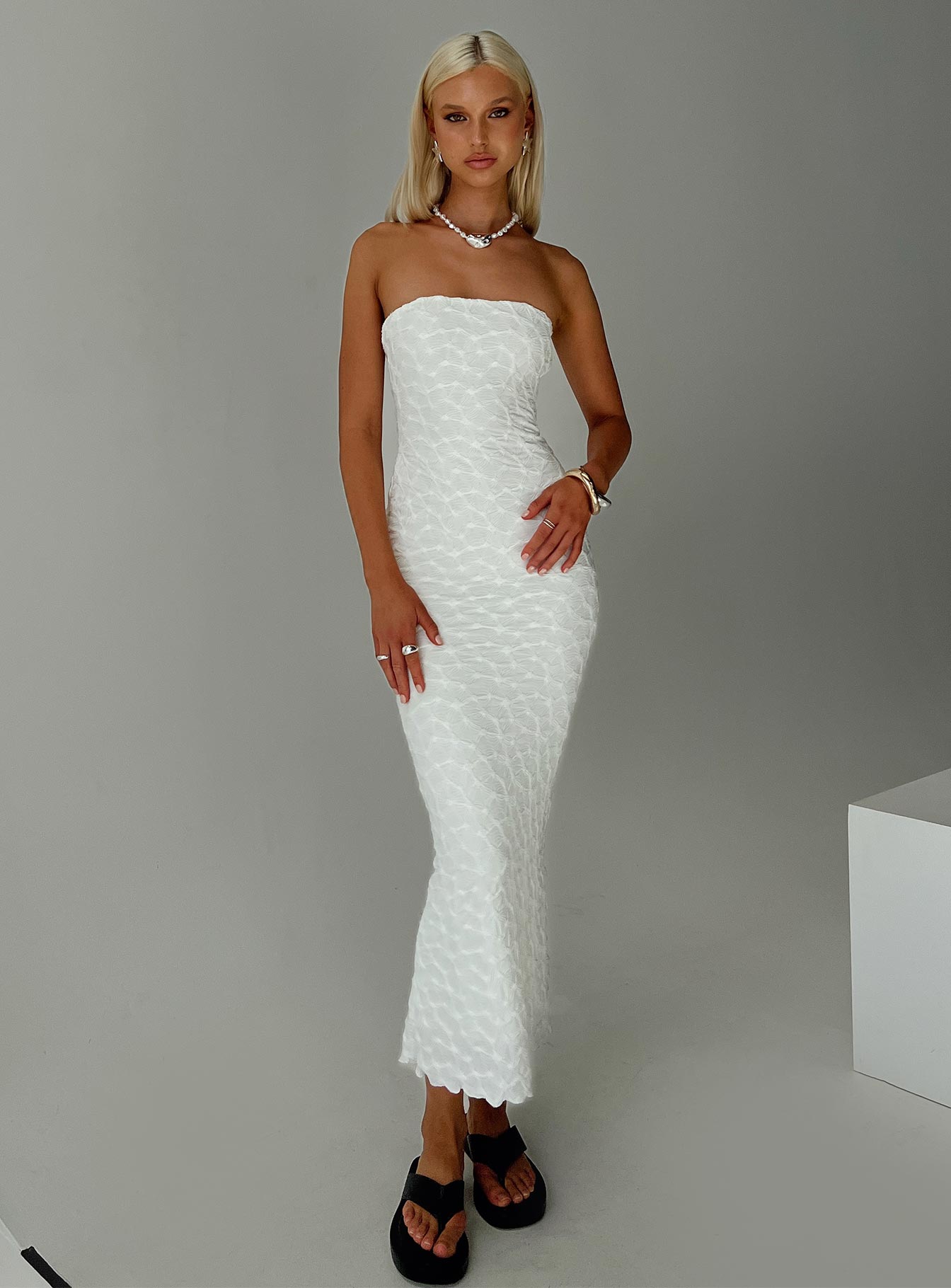 front view of model wearing Princess Polly Jaxx Strapless Maxi Dress White Straight Neck 