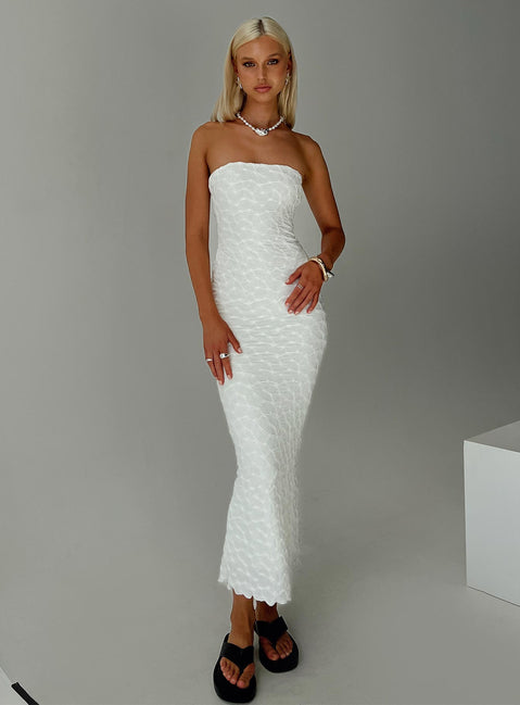 front view of model wearing Princess Polly Jaxx Strapless Maxi Dress White Straight Neck 