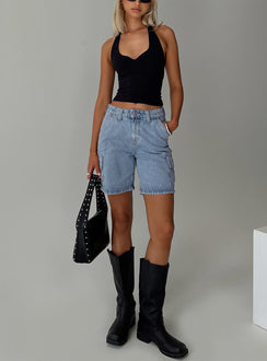 front view of model wearing Princess Polly Mika Carpenter Denim Shorts Light Wash High Waisted Shorts 