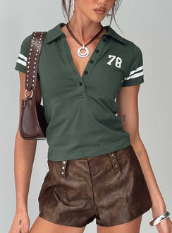 front view of model wearing Princess Polly Polo 78 Top Green Short Sleeves V-Neck 
