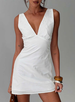 back view of model wearing Princess Polly Florien Broderie Mini Dress White Plunger 