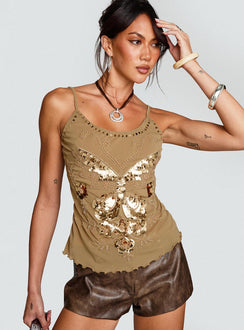 front view of model wearing Princess Polly Start Of Summer Sequin Top Brown Sleeveless Scoop Neck 