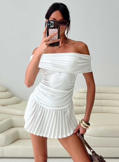 side view of model wearing Princess Polly Lucianne Off The Shoulder Mini Dress White Straight Neck 