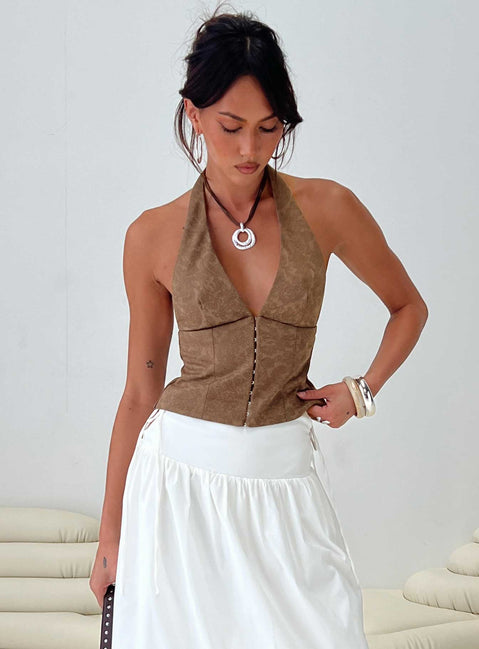 front view of model wearing Princess Polly Down The Line Halter Top Brown Sleeveless Plunger 