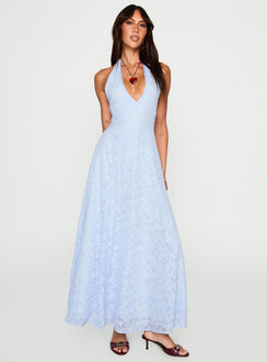 front view of model wearing Princess Polly Hours In Silence Drop Waist Maxi Dress Blue Plunger 