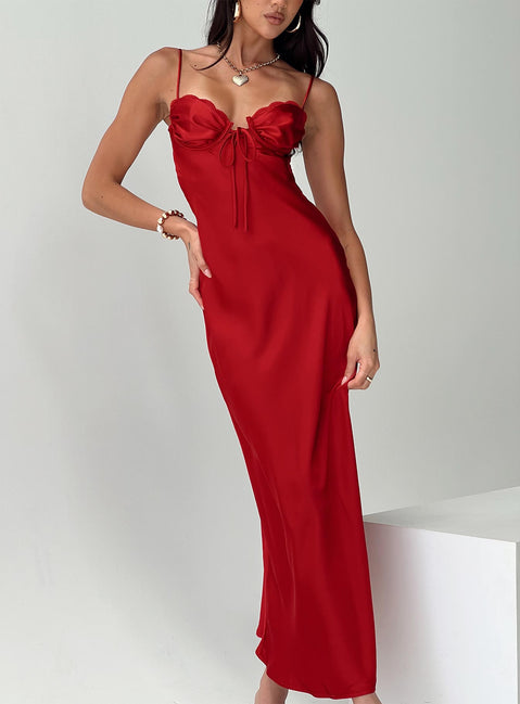 front view of model wearing Princess Polly Monument Maxi Dress Red Sweetheart Neckline 