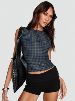 back view of model wearing Princess Polly Your Main One Top Navy Check Sleeveless Crew Neck 