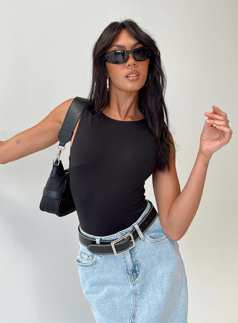 front view of model wearing Princess Polly Beresford Bodysuit Black Sleeveless Scoop Neck 