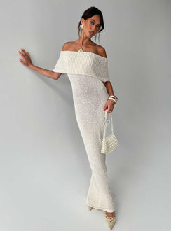 side view of model wearing Princess Polly Nixen Strapless Knit Maxi Dress Cream Straight Neck 