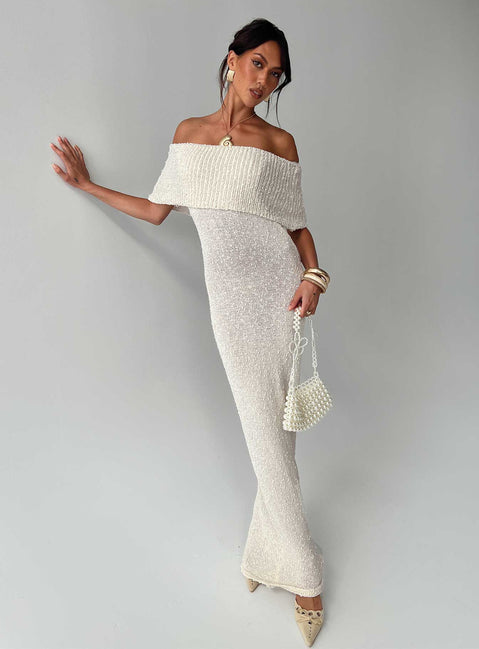 side view of model wearing Princess Polly Nixen Strapless Knit Maxi Dress Cream Straight Neck 
