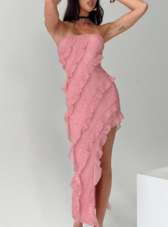 front view of model wearing Princess Polly Elestria Strapless Midi Dress Pink Straight Neck 