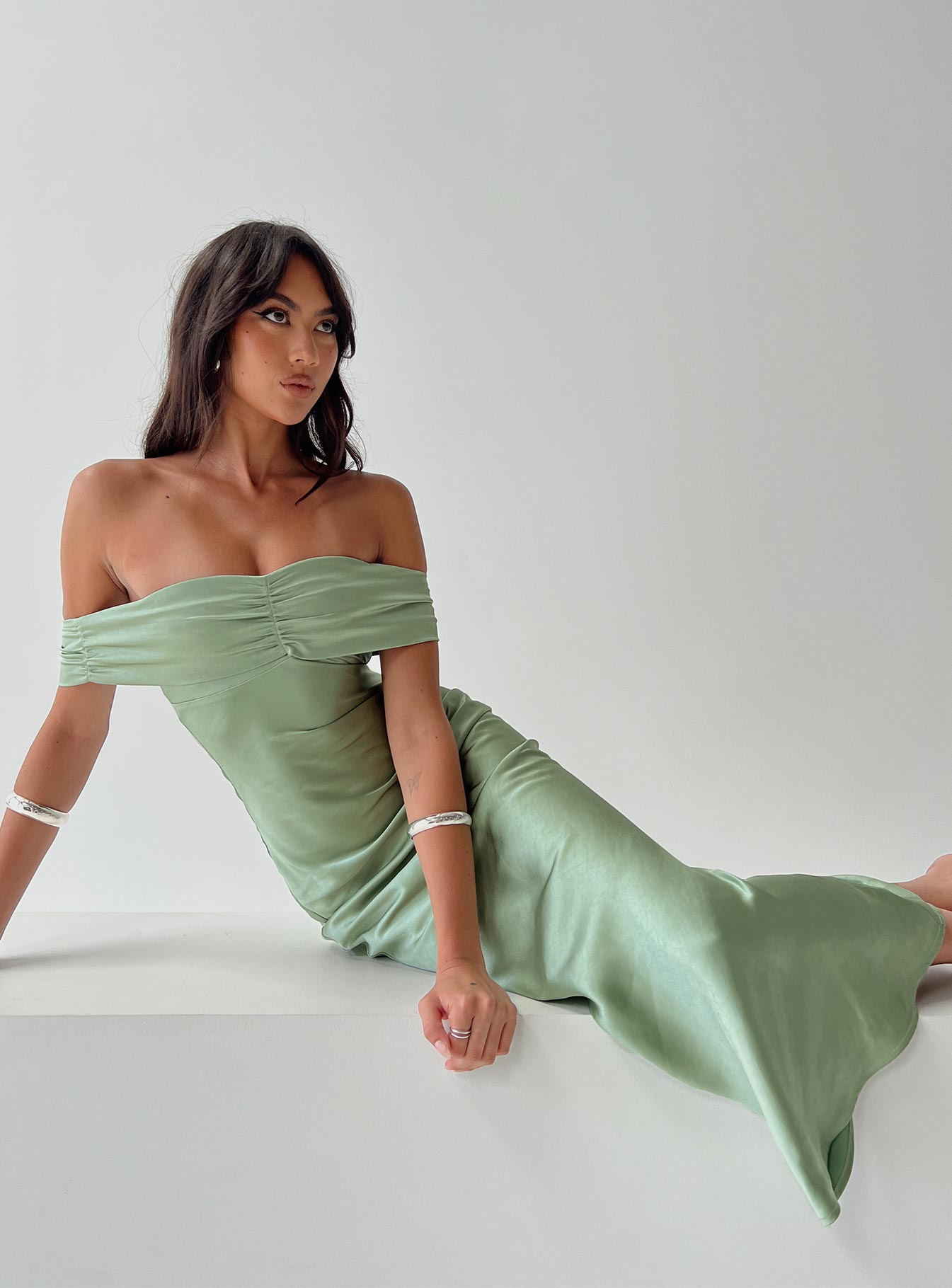 front view of model wearing Princess Polly Sadee Maxi Dress Sage Straight Neck 