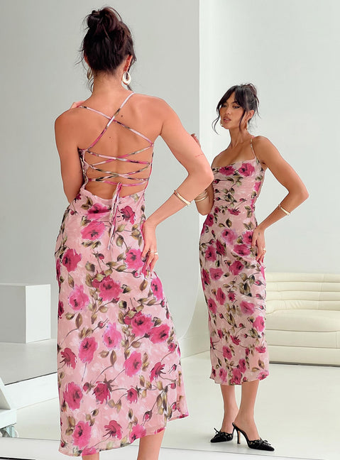 back view of model wearing Princess Polly Ara Maxi Dress Pink Floral Square Neck 