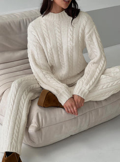 front view of model wearing Princess Polly Sharif Cable Knit Sweater Beige regular 