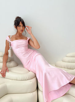 front view of model wearing Princess Polly Azura Off The Shoulder Maxi Dress Pink Square Neck 