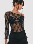 back view of model wearing Princess Polly Velvera Long Sleeve Mesh Top Black Full Sleeves Asymmetric Neckline 