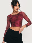 Red Long sleeve mesh top Crew neckline, sheer sleeves