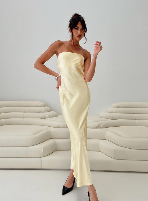 front view of model wearing Princess Polly Haley Maxi Dress Yellow Straight Neck 