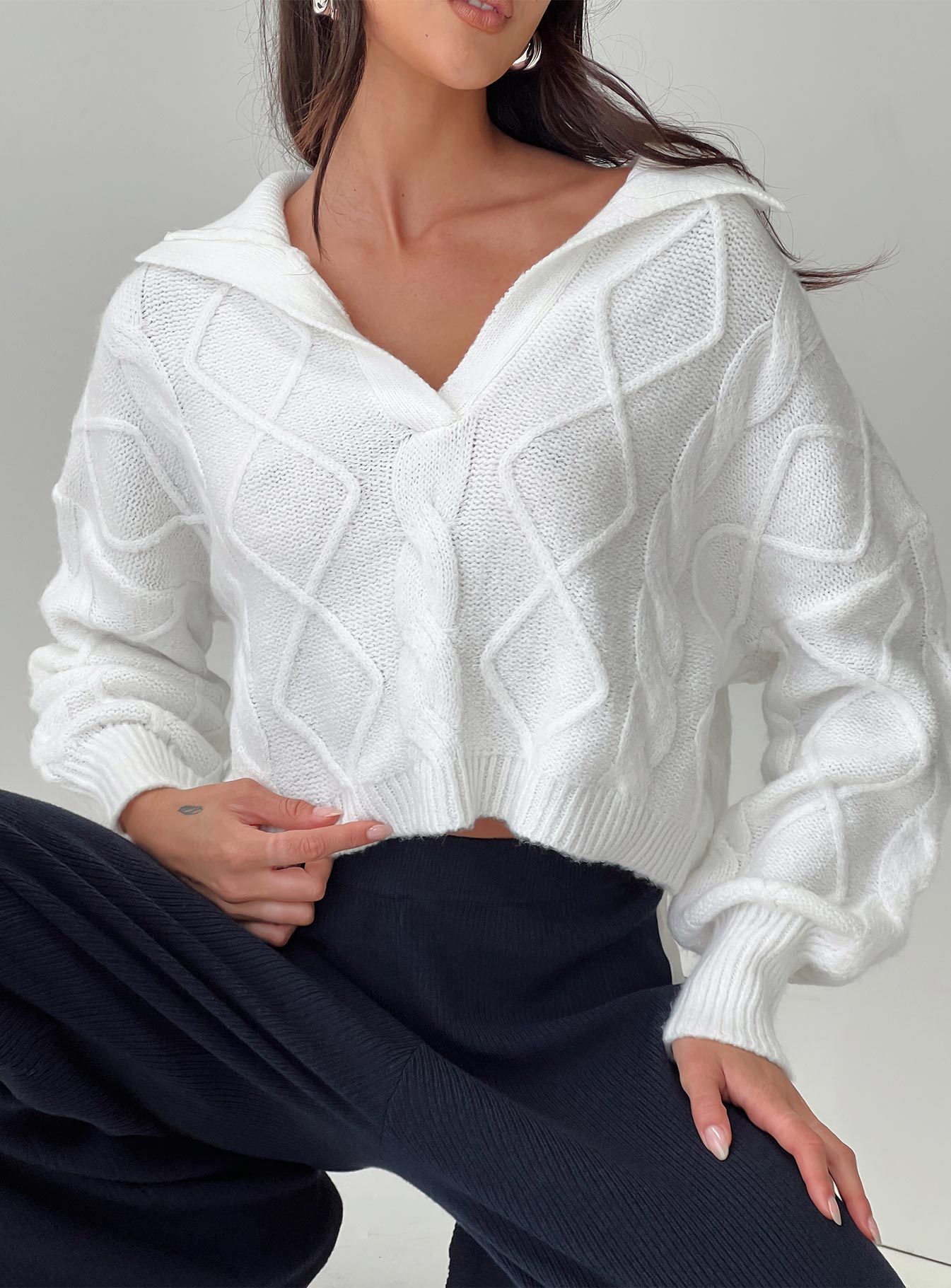 Ruthee Cable Knit Sweater Winter White Princess Polly  Cropped 