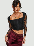 Black Long sleeve lace crop top Square neckline, hook & eye fastening at bust, sheer sleeves