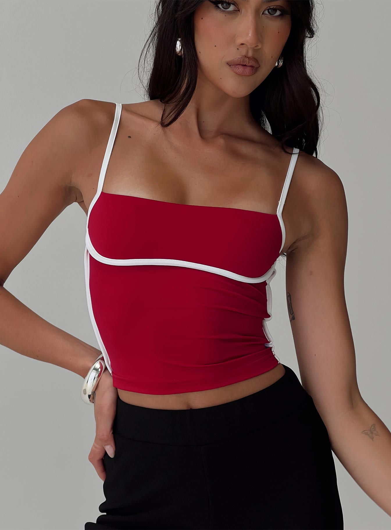 front view of model wearing Princess Polly Maidenwell Contrast Top Red Sleeveless Square Neck 