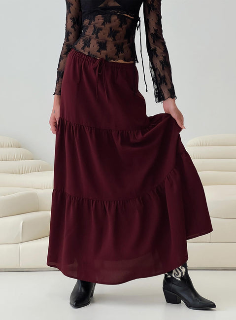 back view of model wearing Princess Polly Whole Again Maxi Skirt Burgundy Maxi 