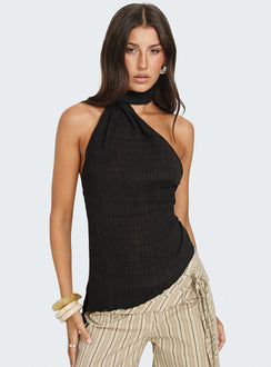 Yaleina One Shoulder Tie Scarf Top Black