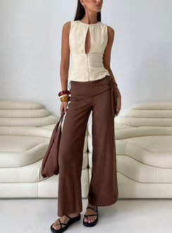 front view of model wearing Princess Polly Silver Moon Linen Blend Tie Pants Brown Mid Rise Pants 