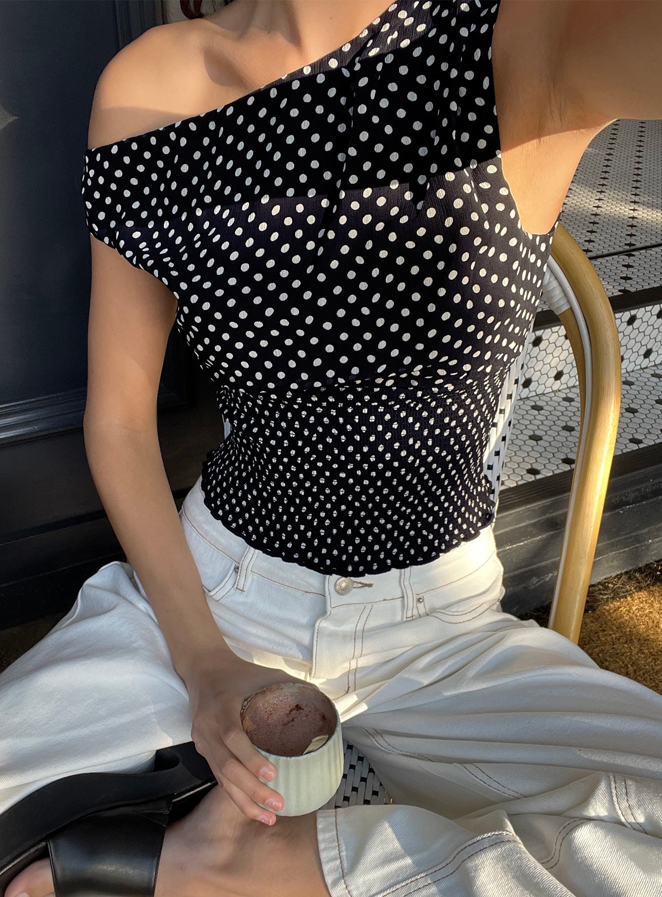 Ready To Party Off Shoulder Top Black Polka