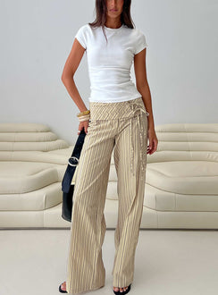 front view of model wearing Princess Polly Seneca Wrap Pant Beige Stripe Mid Rise Pants 