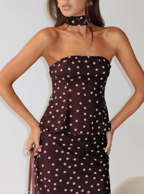 Sydni Scarf Detail Strapless Top Chocolate / Pink Polka