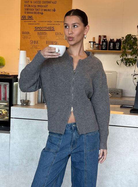 front view of model wearing Princess Polly Lexene Zip Through Jumper Grey Long 