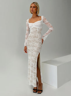 side view of model wearing Princess Polly Aubriella Lace Maxi Dress Cream Sweetheart Neckline 
