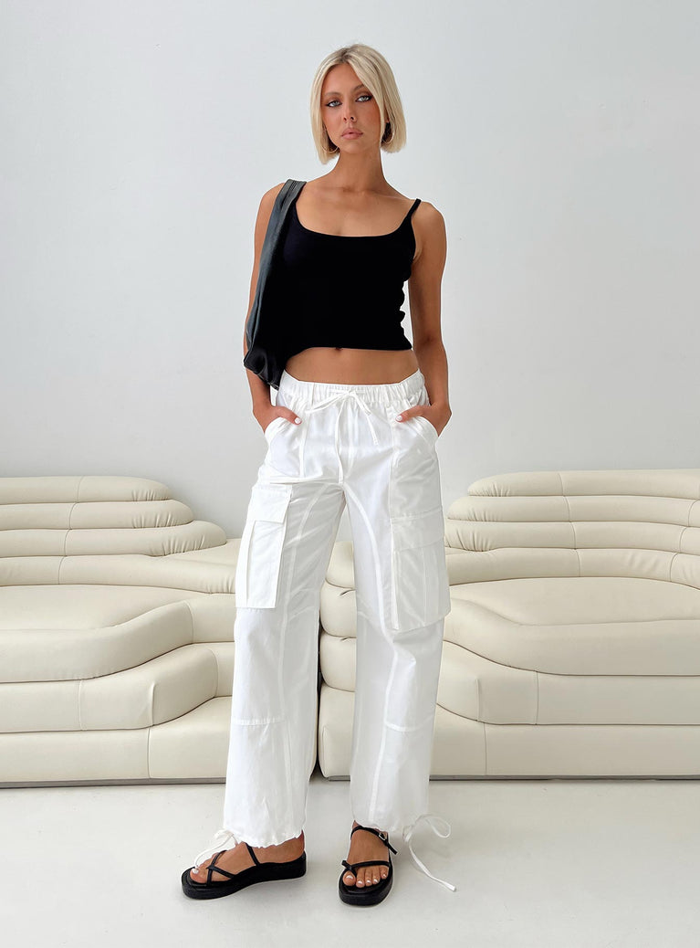 front view of model wearing Princess Polly Bilbury Cargo Pants White Low Rise Pants 